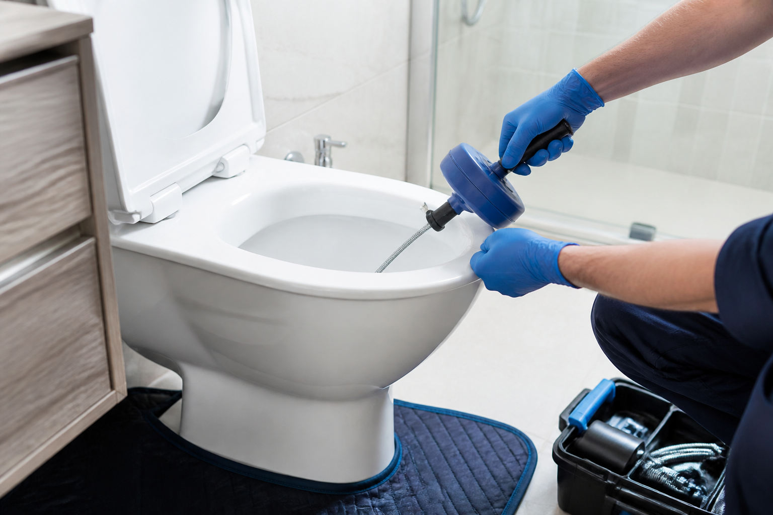Illustration d’un débouchage de WC avec un furet professionnel